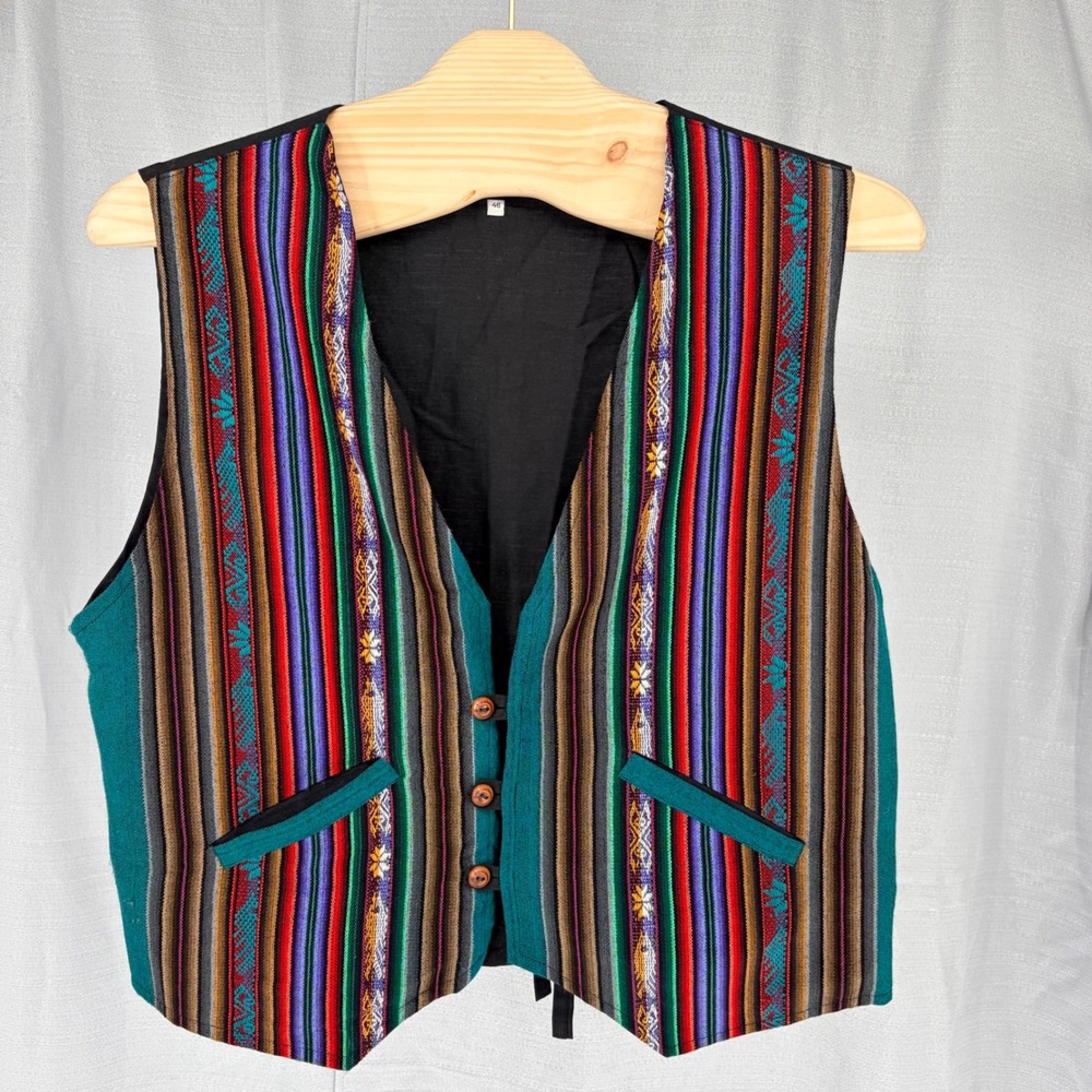 Colorful Boho Vest 46 Multicolor Striped Ethnic Woven V-Neck Button Front